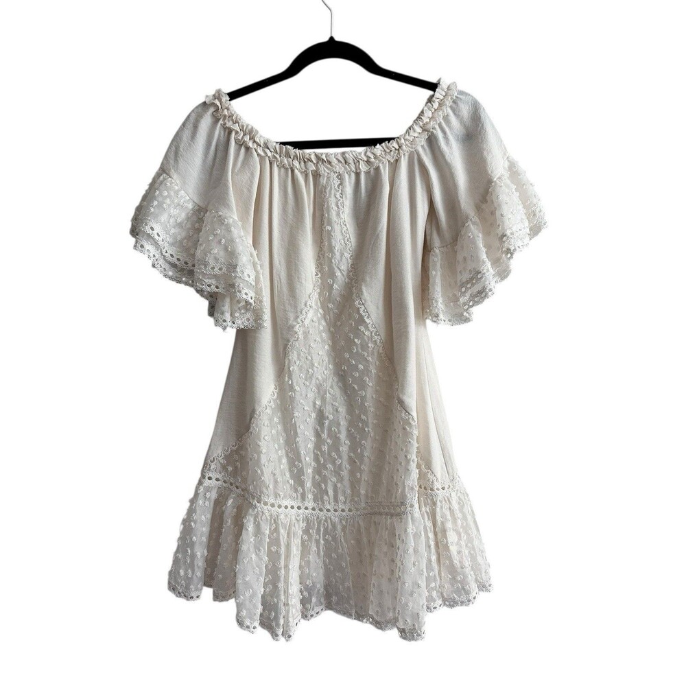 Alexis Brandi Dress White Lace Off Shoulder Mini Ruffle Swiss Dot Bridal Sz XS